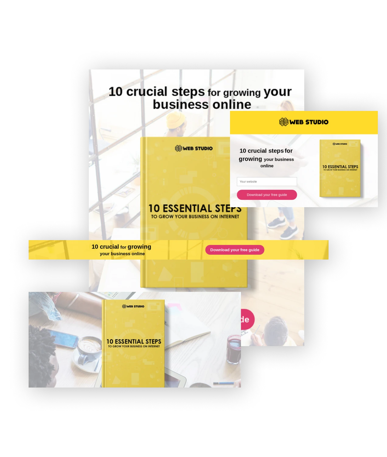 Example campaign for a web studio: landing page, banner, pop-up and email promoting a free guide