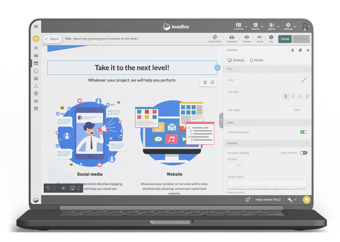 Laptop showing the Leadfox page editor with a page being built