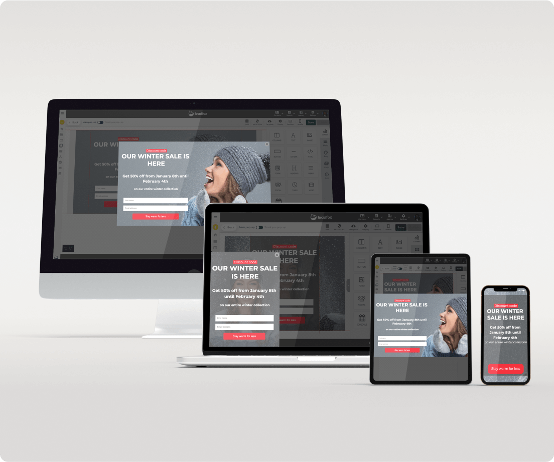 A winter sale pop-up shown on a desktop, a laptop, a tablet and a phone