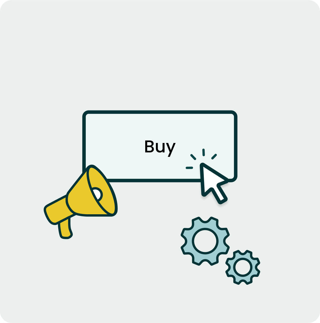 Illustration of a Buy button being clicked, with a megaphone and gears