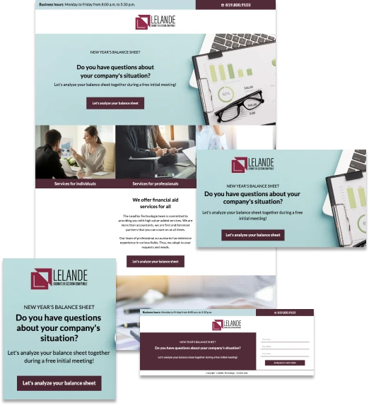 Accounting firm campaign: landing pages and emails offering a balance sheet review