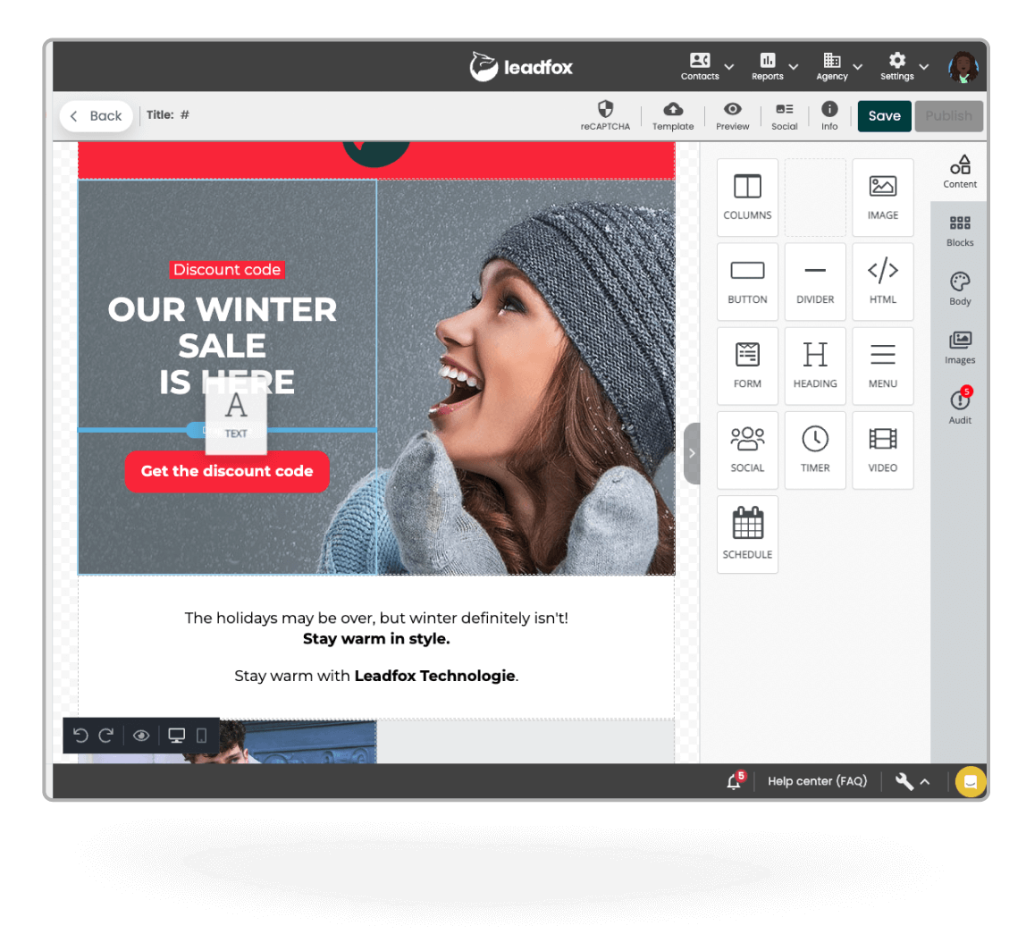 Leadfox email editor with a winter sale email and drag-and-drop content blocks