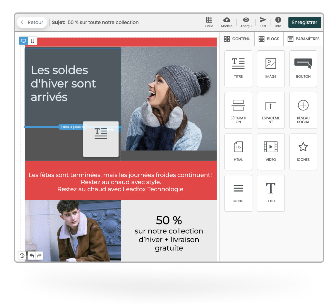 Utilisation 100% glisser-déposer des blocs et du contenu