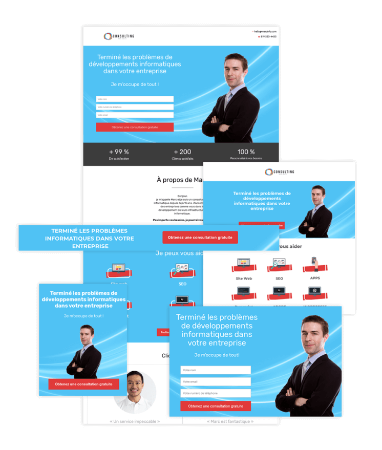 Consulting landing page template offering a free consultation, shown in several layouts