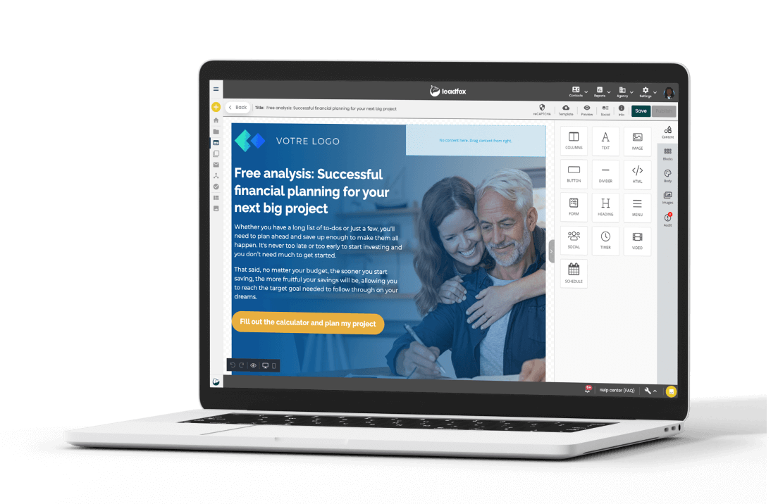 Laptop showing a financial planning landing page in the Leadfox editor