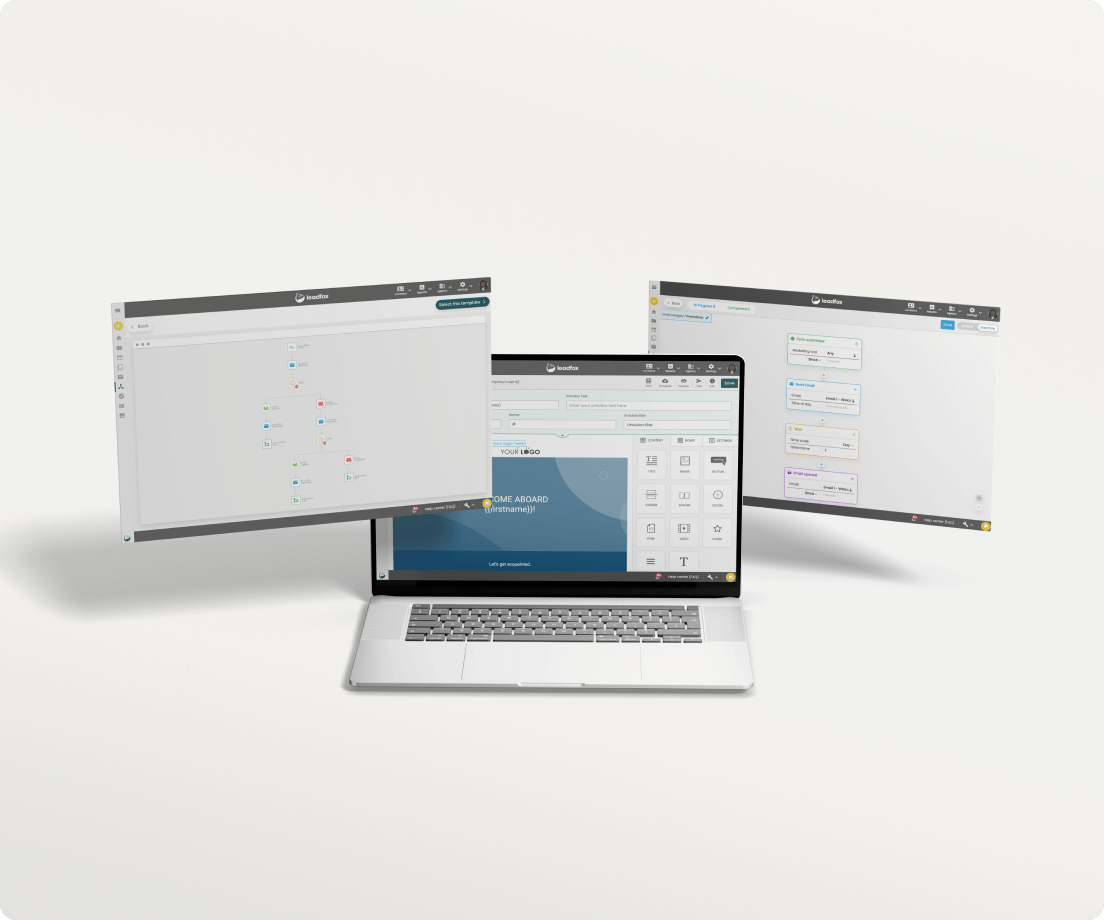 Laptop and two screens showing Leadfox automation workflows and an email editor
