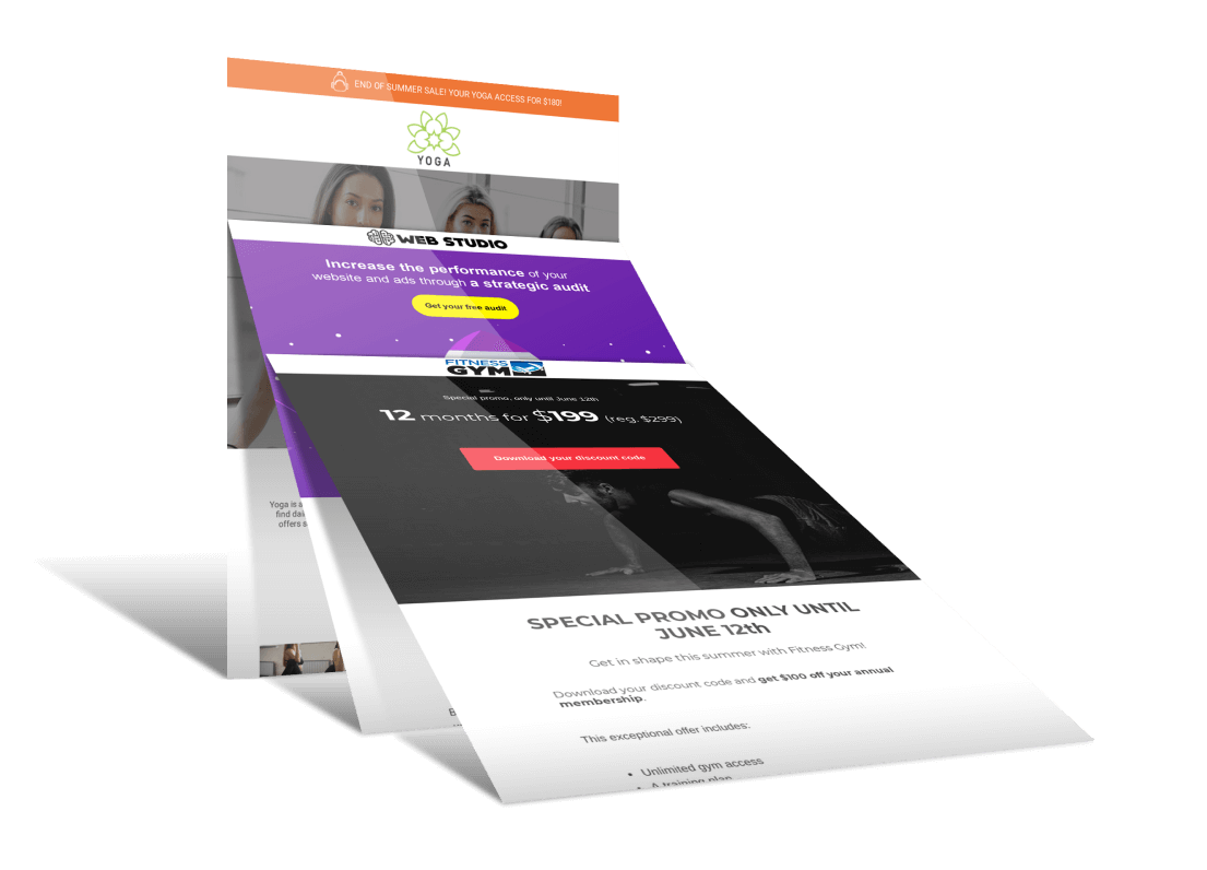 Three marketing emails fanned out: a yoga studio, a web studio and a gym promotion