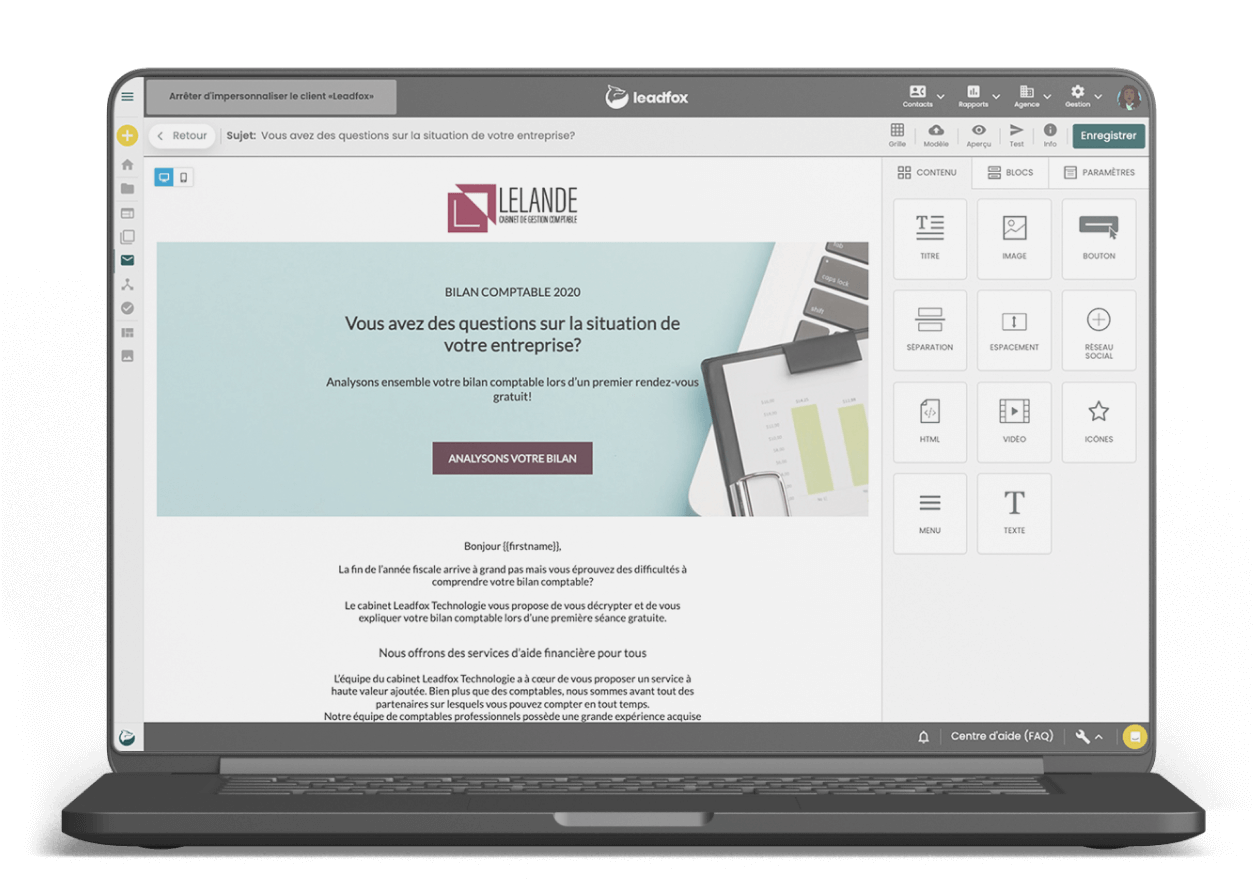 Laptop showing the Leadfox email editor with an accounting firm newsletter