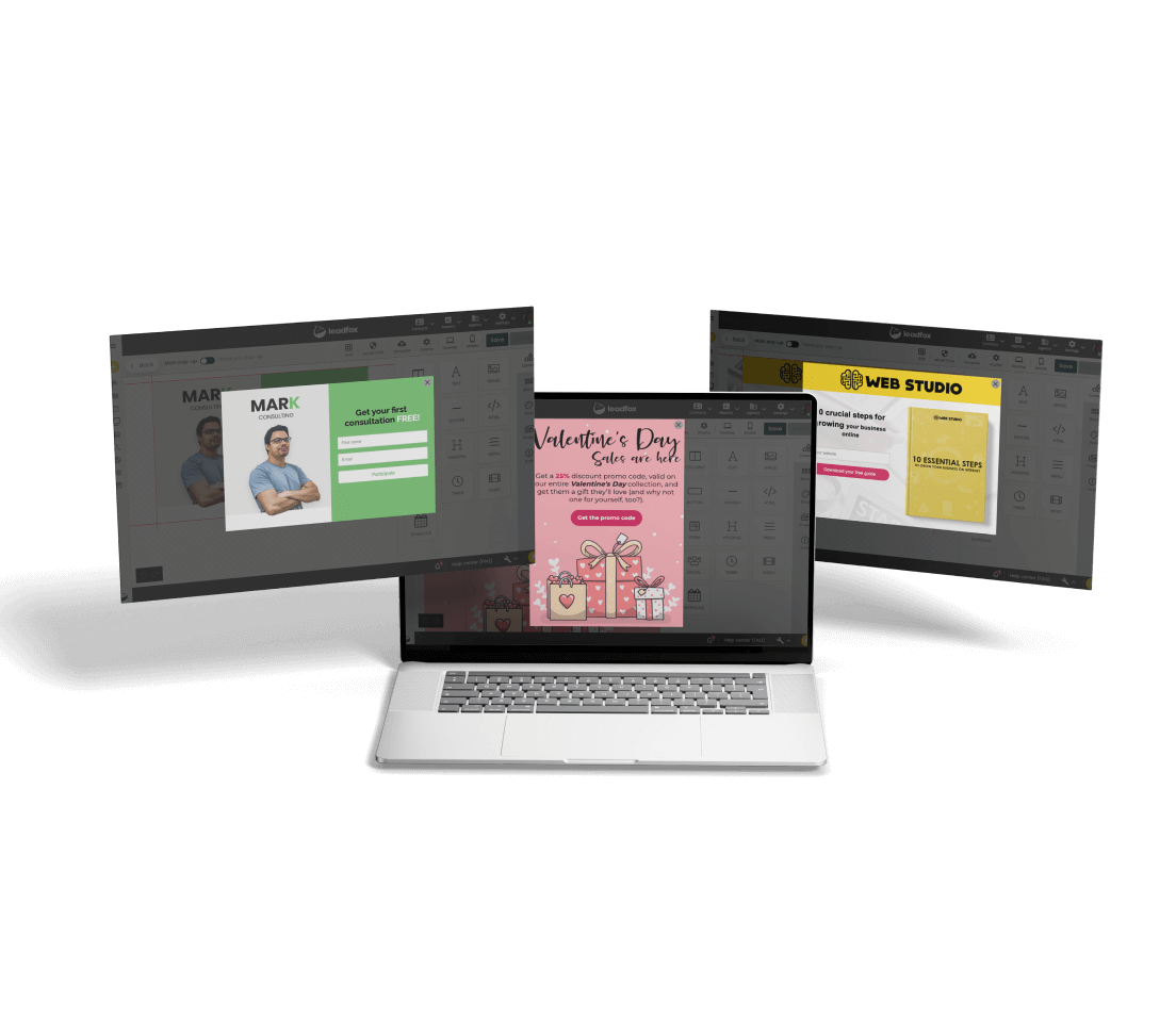Three pop-up templates: a consulting offer, a Valentine's Day sale and a free guide