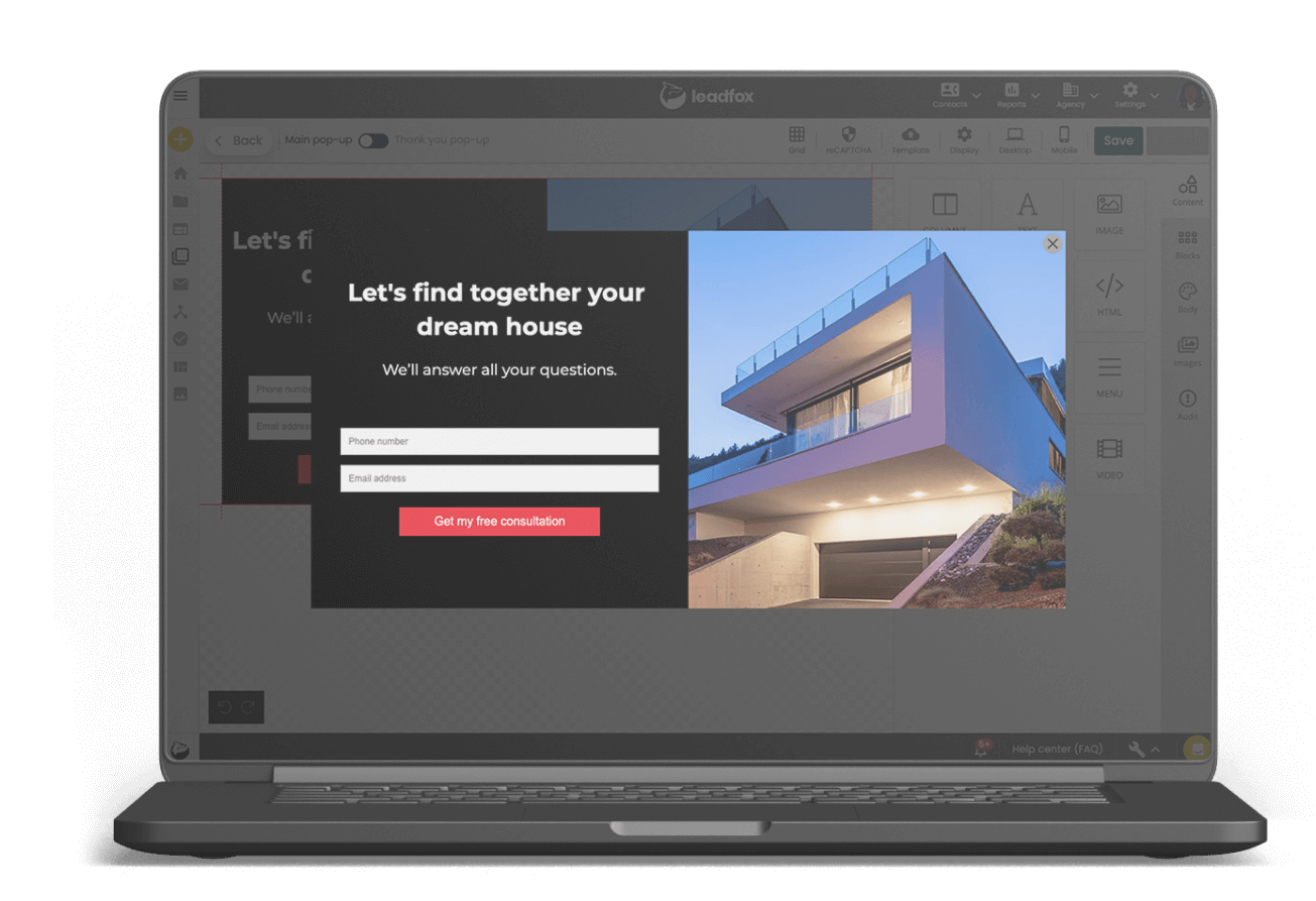 Laptop showing a real-estate pop-up in the Leadfox editor