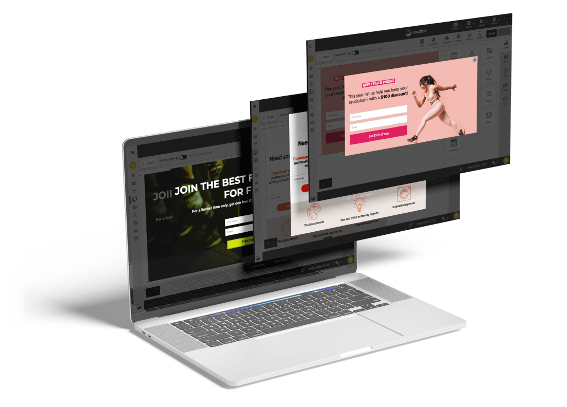 Laptop with several Leadfox pop-up designs floating above it