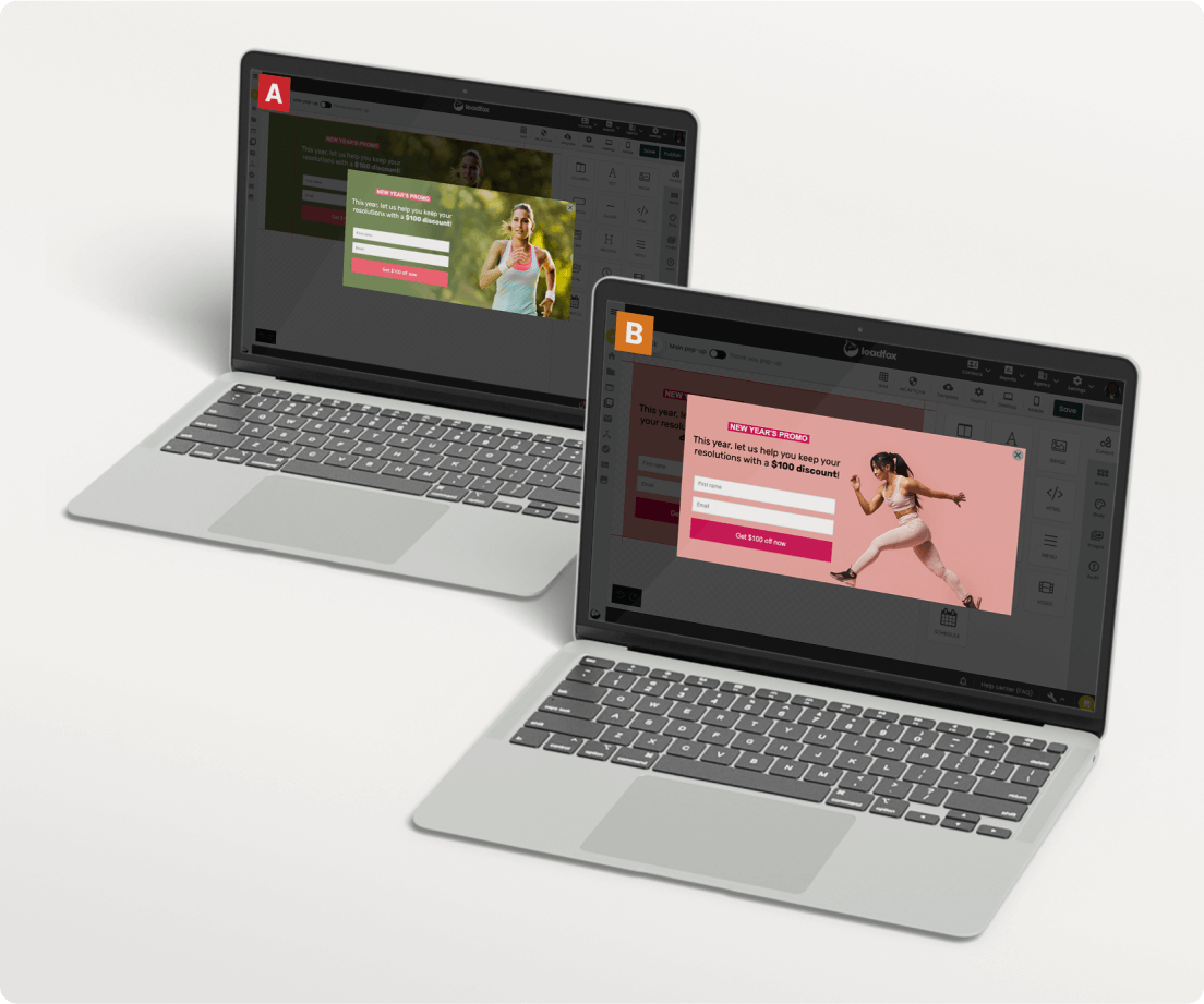 Two laptops comparing version A and version B of a New Year's pop-up